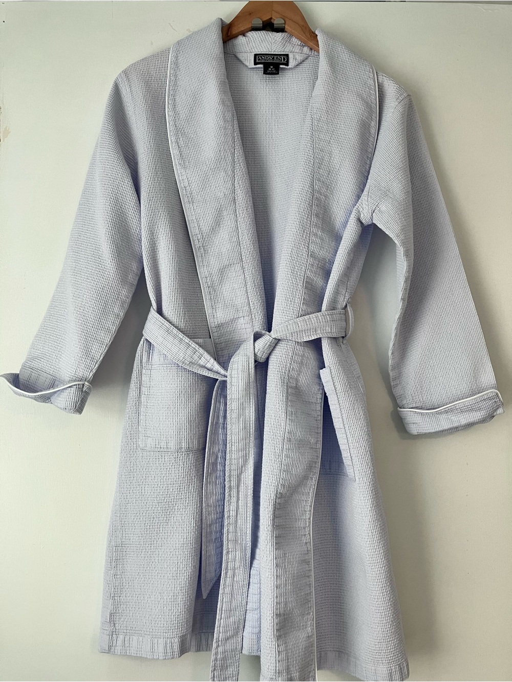 Lands’ End Waffle Weave Texture Cotton Wrap Robe Size M Light Blue